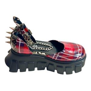 Red Plaid Platform Mary Jane with Spike Accent